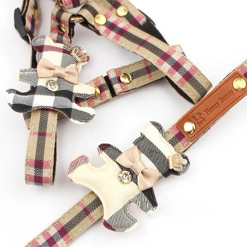 

Pet Dog Harness Leash 2 Sets Classic Check Bow Teddy Collar Dog Walking Rope Chain For Small Medium Pet Harness Suit Leash Set