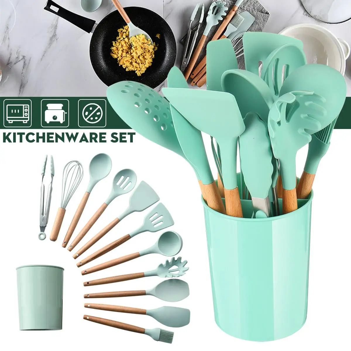 

Silicone Kitchenware Cooking Utensils Set Non-stick Cookware Spatula Shovel Egg Beaters Wooden Handle Kitchen Cooking Tool Set