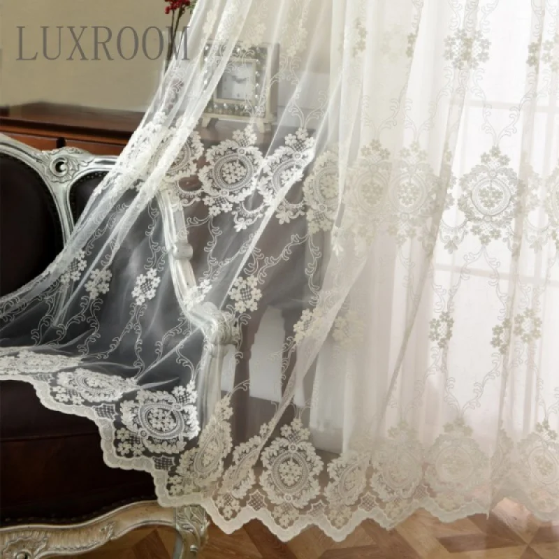 

White Simple European-Style Turkish Craft Rope Embroidery Transparent Mesh Curtains Bedroom Living Room Balcony Embroidery Windo