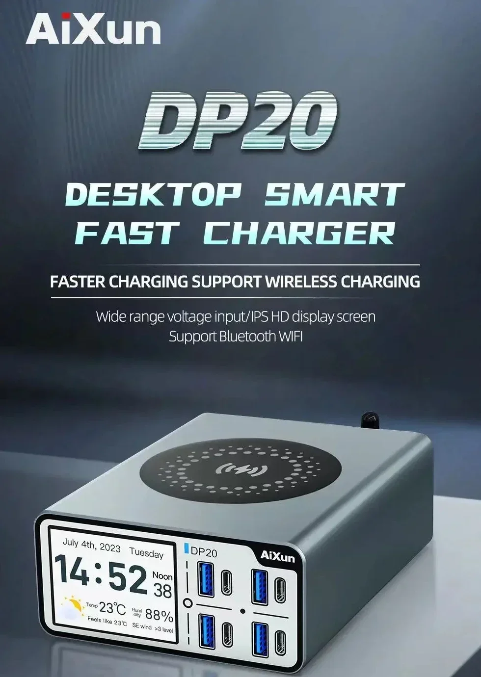 un DP20 stacjonarna inteligentna szybka ładowarka 200W zasilacz obsługuje bezprzewodowe ładowanie z wyświetlaczem IPS HD do szybkiego ładowania