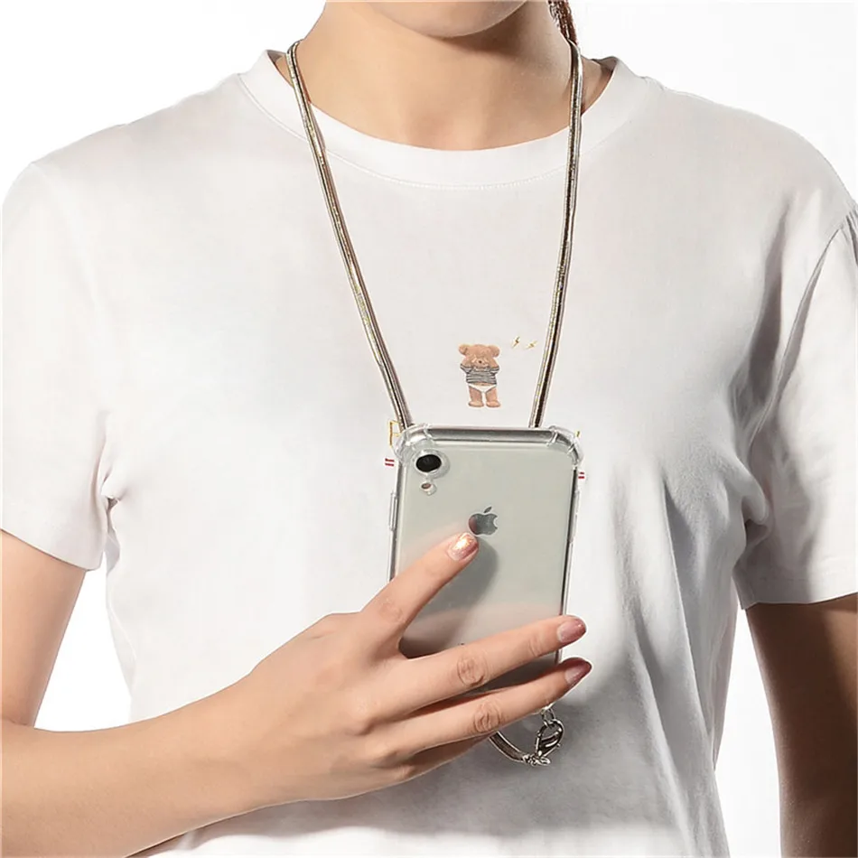 Transparent Strap Cord Metal Chain Tape Necklace Phone Case For iPhone 13 12 mini 7 8 6s 6 Plus 11 Pro X XR XS Max SE Soft Cover