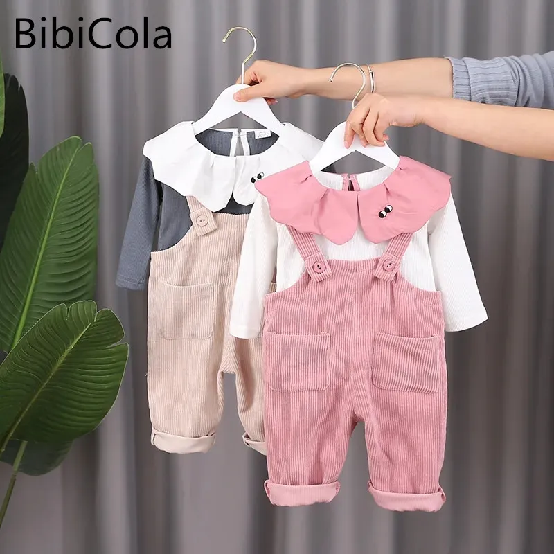 

Милая Одежда для маленьких девочек пуловер с отворотом и рисунком + комбинезон, комплекты из 2 предметов для девочек, милая детская одежда осенне-весенний костюм для новорожденных девочек