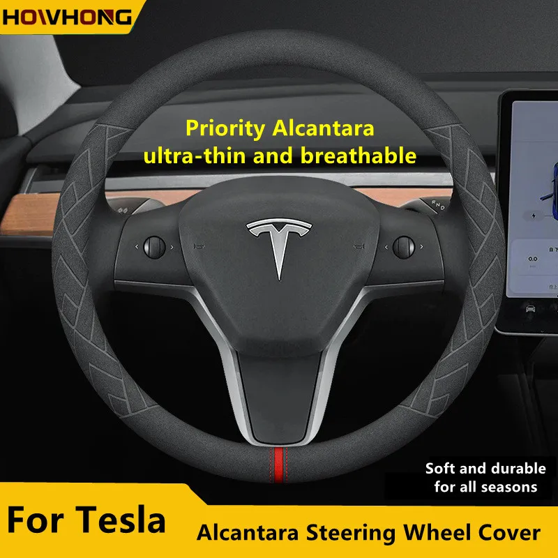 

Steering Wheel Cover For Tesla Model 3 Y S X Alcantara 4 Seasons 36-39 CM Diameter Black Car Interior Accessories 2019-2022