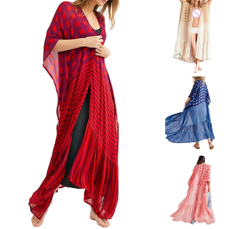 

Женская накидка на купальник, пикантное кимоно с открытой передней частью, кардиган, накидка, длинная Цветочная пляжная одежда с поясом