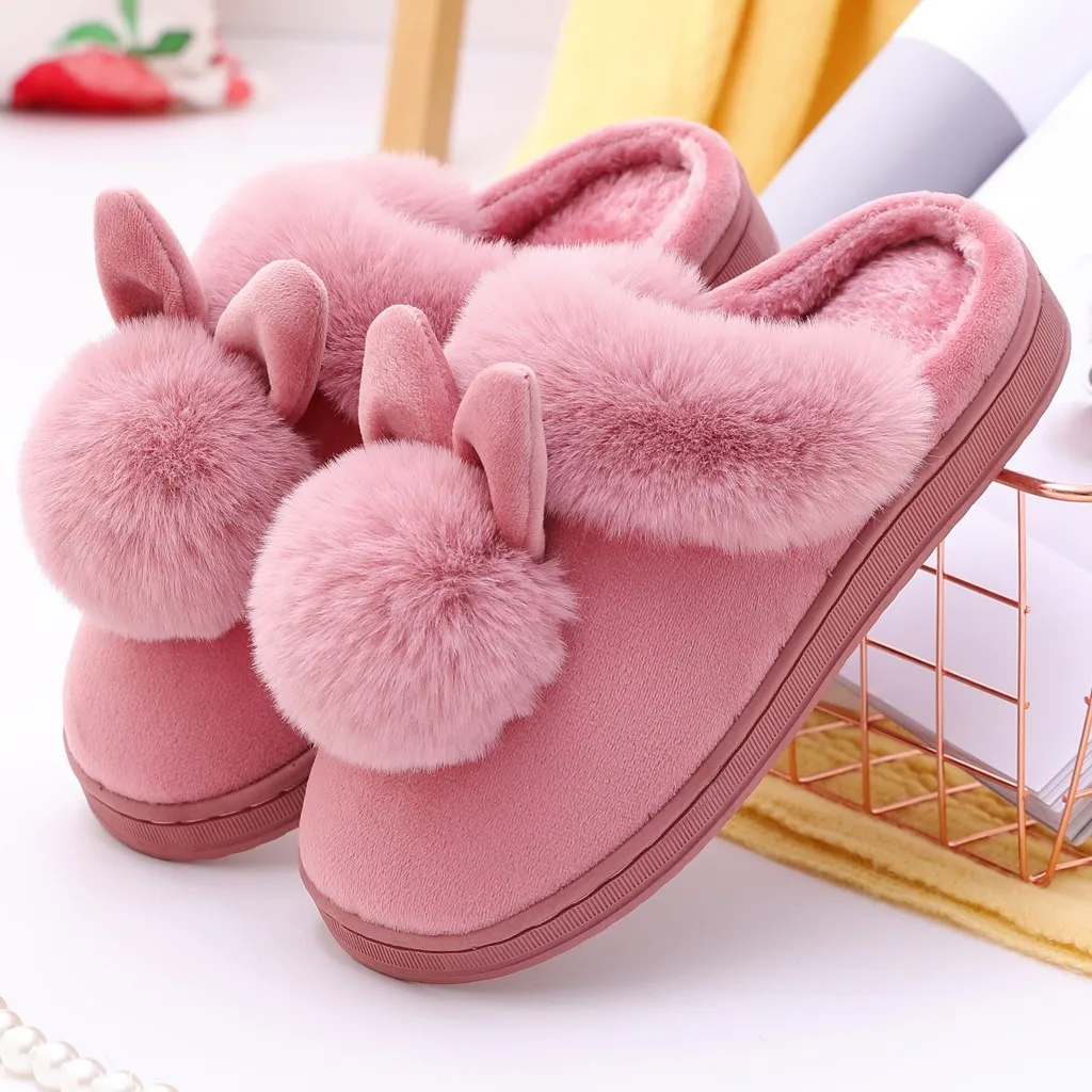 

Women Indoor Winter Slippers Rabbit Shape Furry Ears Flat Comfort Shoes Cute Soft Women Home Keep Warm Slippers 2023 Hot Sale