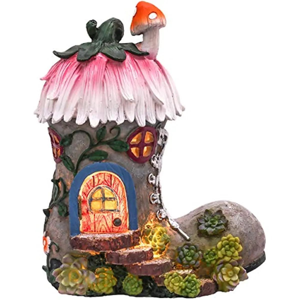 

Pink Boot Fairy House Garden Ornaments with Solar Powered Lights, Waterproof Resin Garden Statue Outdoor Cottage Figurines for