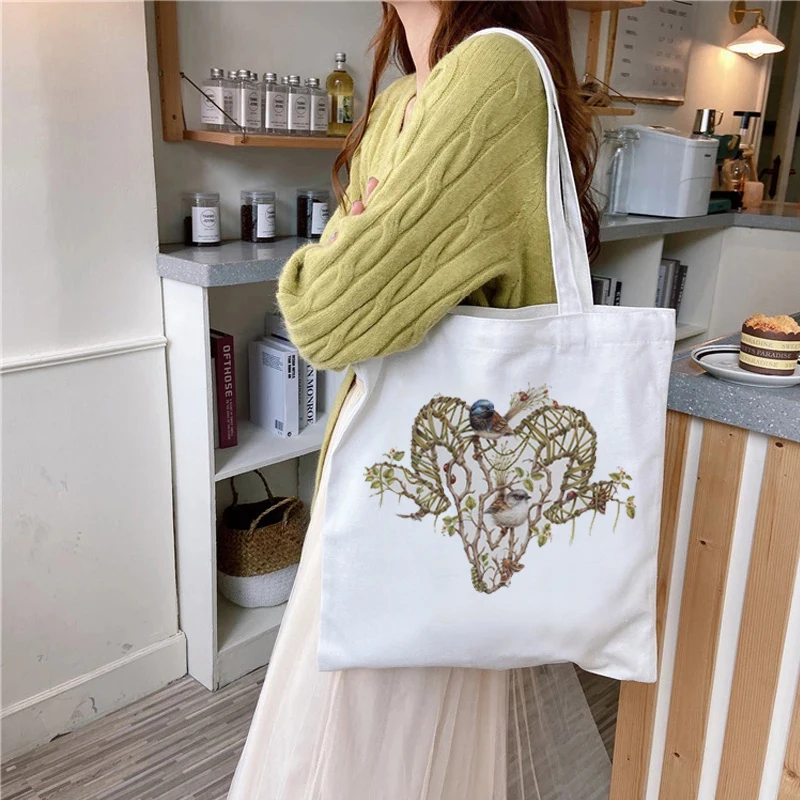 

White Harajuku Cartoon Sheep Head Canvas Tote Bag Ladies Handbag Harajuku Ulzzang Fashion Shoulder Bag Large Capacity Student Sc