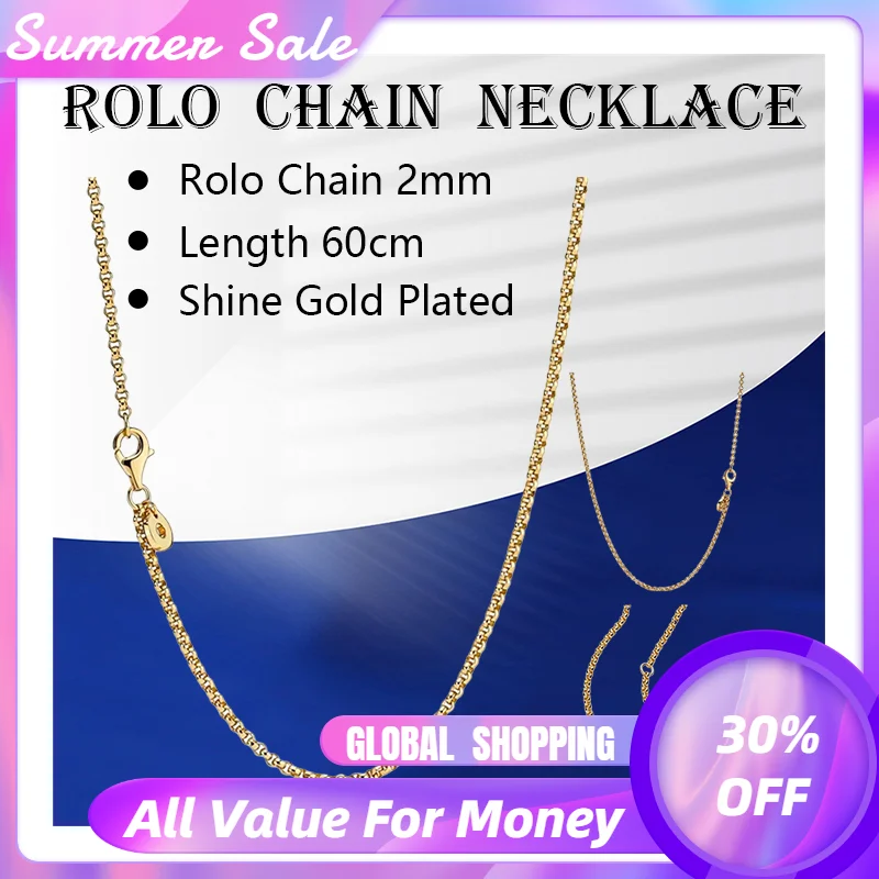 

60cm Long Rolo Chains Necklaces For Women Jewelry Shine Gold 925 Sterling Silver Lobster Clasp LOGO Circle Tag 3 Adjustable Ring
