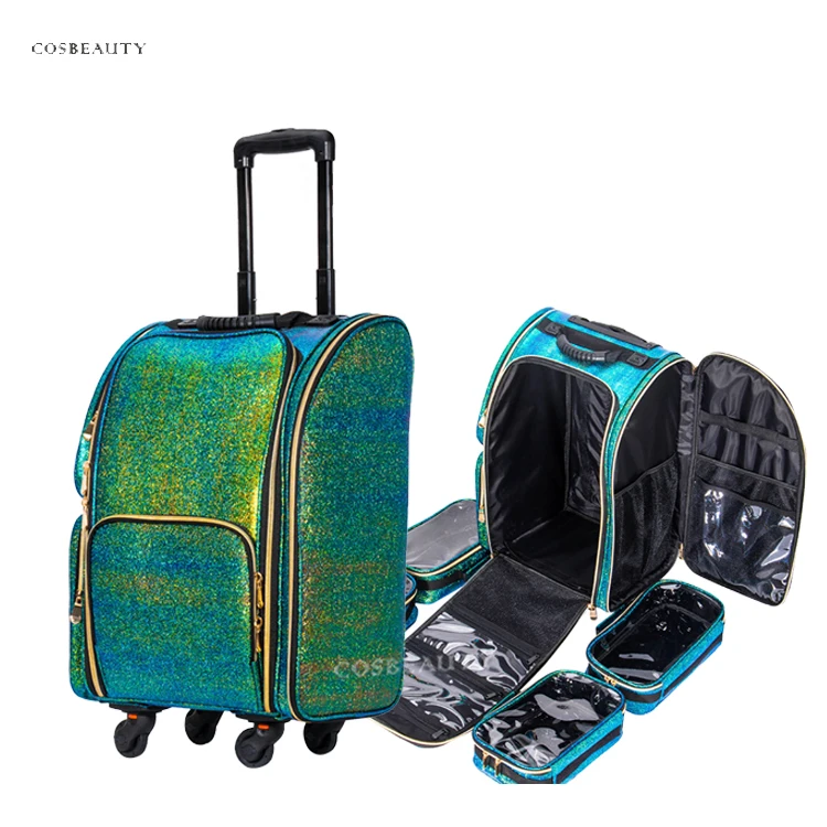 

Bling Green Rolling Soft Sided Makeup Case Freelance Artist Luggage Organized Cosmetic Storage Travel Train Case Trolley