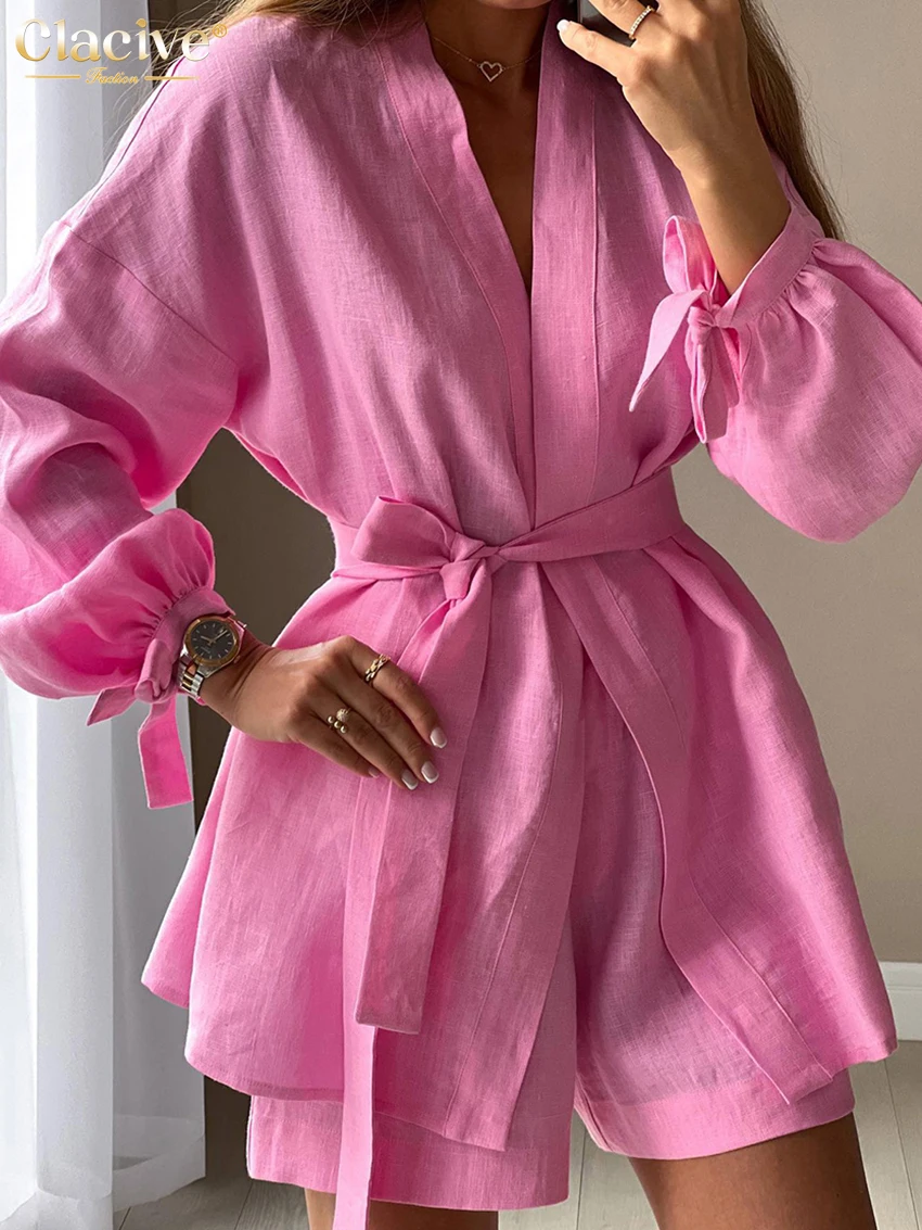 

Clacive Autumn Lace-Up Robes Tops Two Pieces Set Womens Casual Loose High Wiast Shorts Set Elegant Pink Home Suit With Shorts