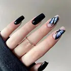 Накладные ногти средней длины, черные, квадратные, 24 шт., с рисунком бабочки, дизайнерские искусственные ногти для черных женщин, новинка 2022
