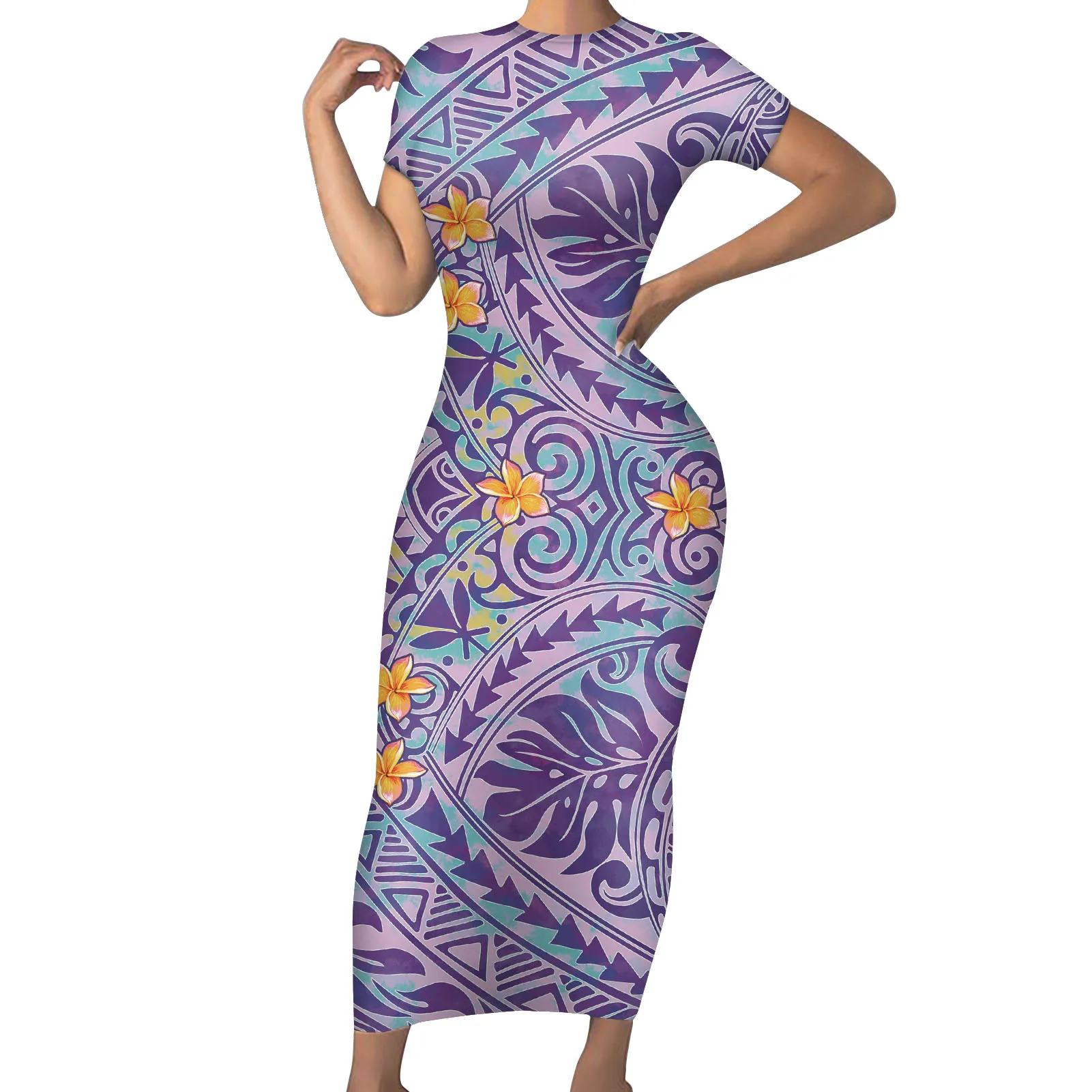 

1 MOQ Custom Design Polynesian Tribal Purple Background With Plumeria Monstera Leaf Ladies Summer Tight Premium Fashion Dress