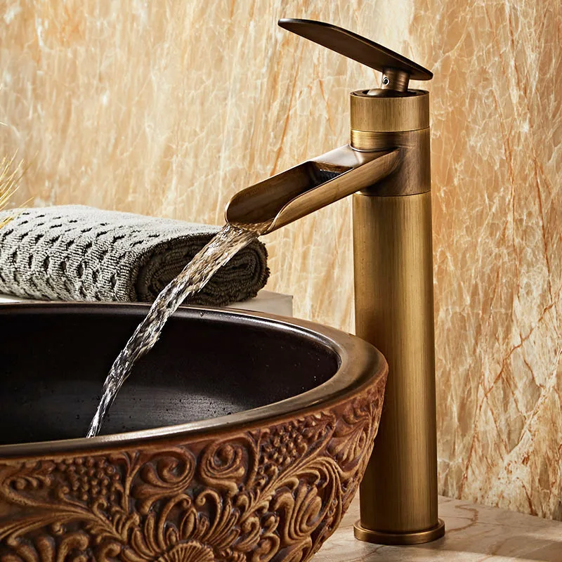 

Waterfall all copper faucet bathroom basin washbasin black basin faucet hot and cold rotating European retro
