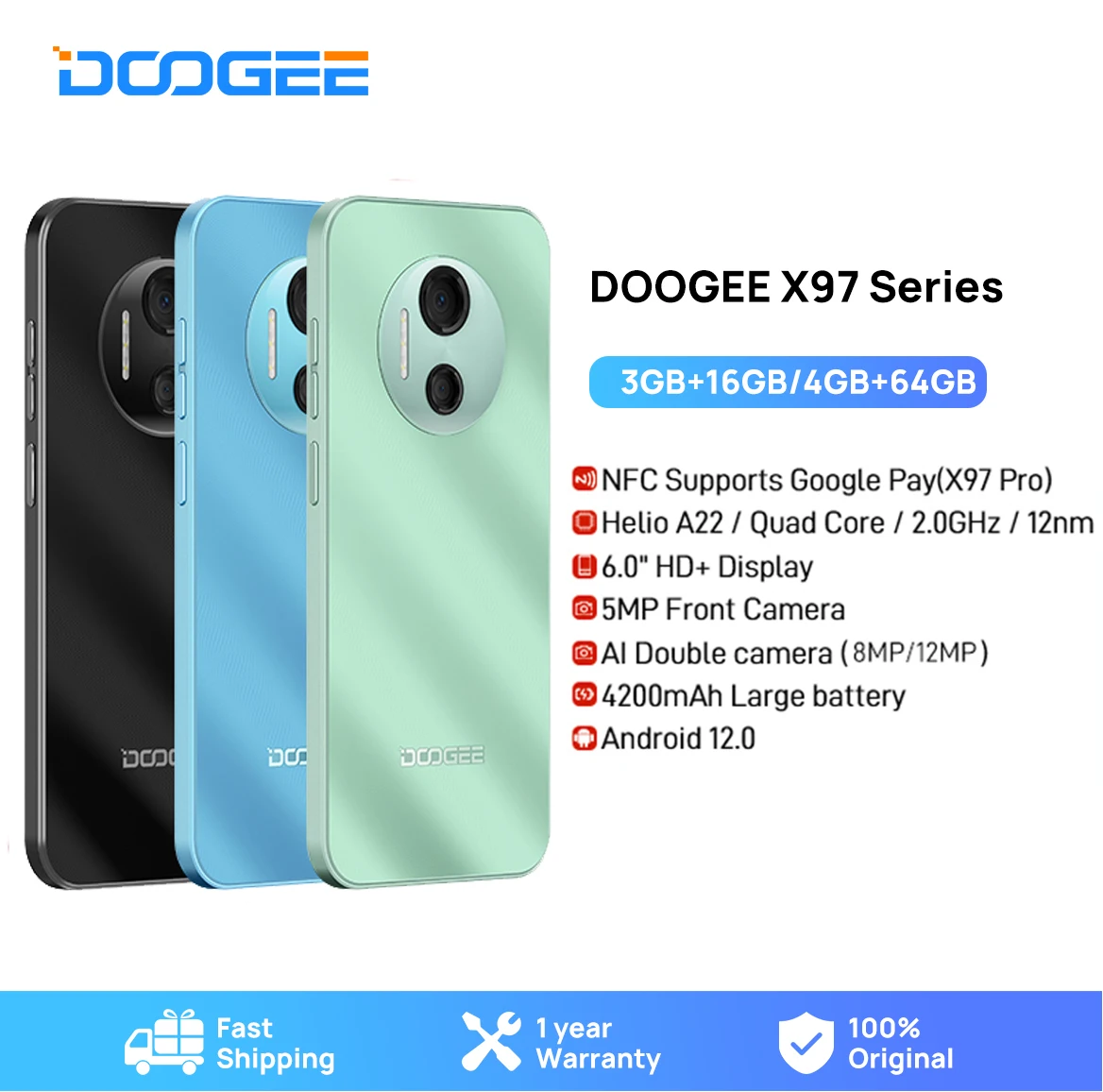 

DOOGEE X97 Series Smartphone Global Verison 6.03"HD Display G25 Octa Core 3+16GB/4GB +64GB 12/8MP Camera Cellphone 4200mAh Phone