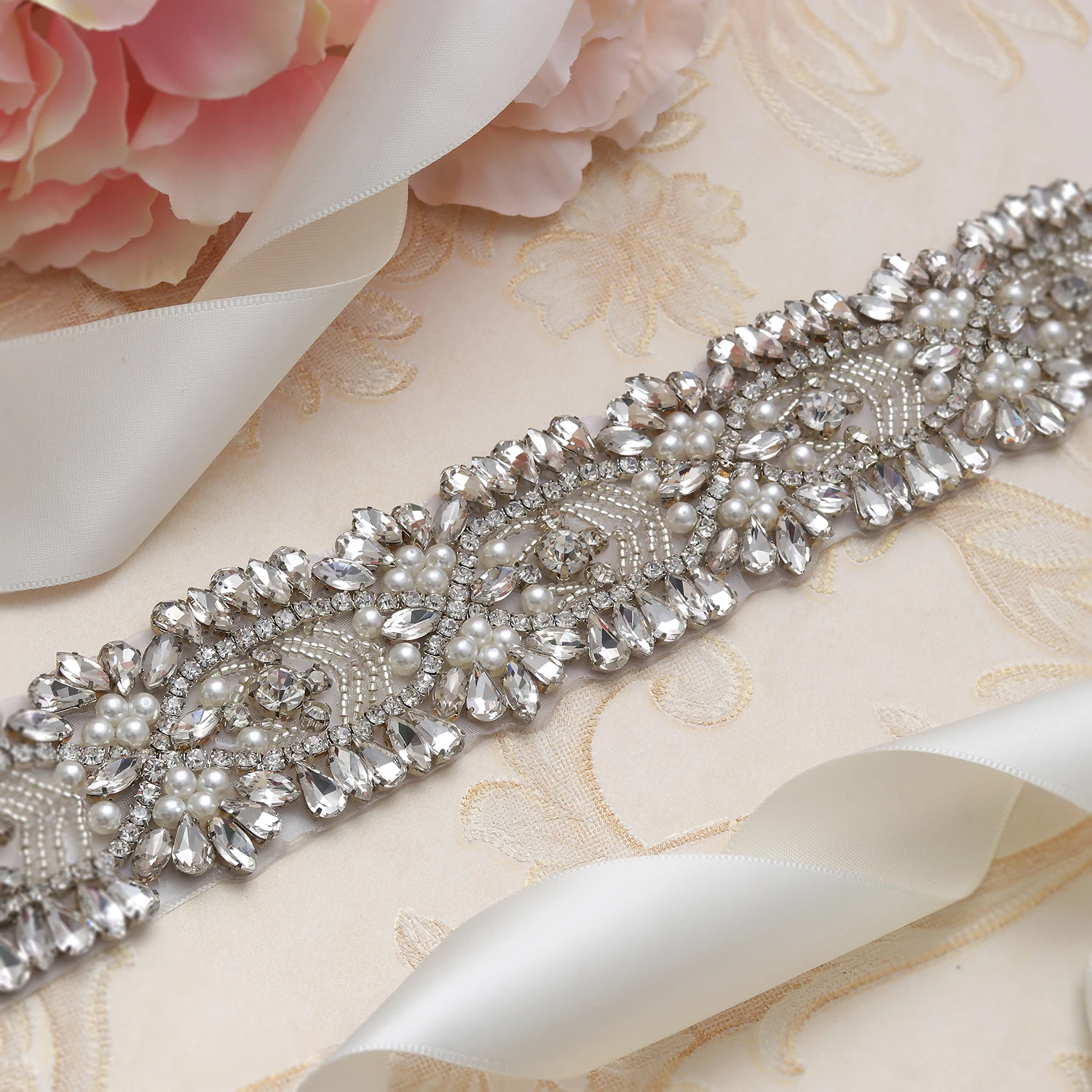 

MissRDress Big Size Pearls Bridal Belt Rhinestones Wedding Belt Silver Crystal Bridal Sash For Wedding Long Dresses JK815