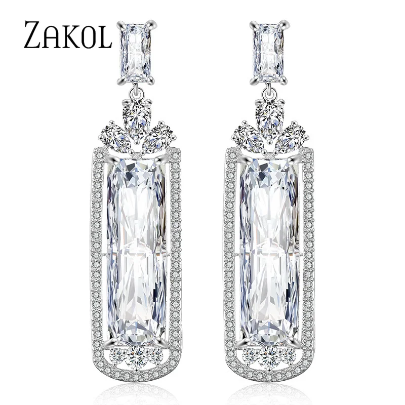 

ZAKOL Transparent Big Baguette Cubic Zirconia Long Drop Earrings for Women Wedding Dinner Party Jewelry FSEP2326