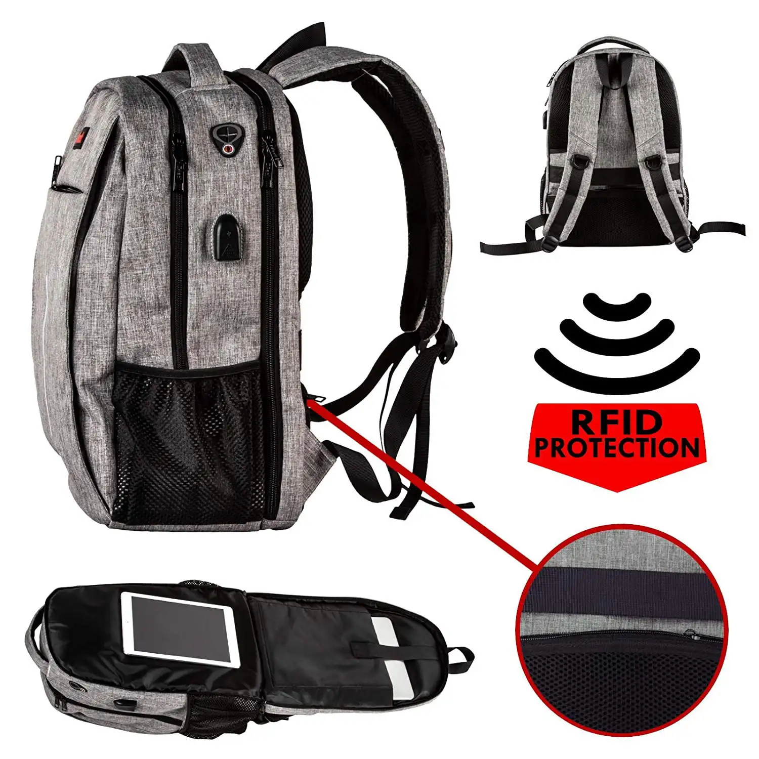 Travel Gray Backpack Anti Theft RFID Water Resistant Unisex 17