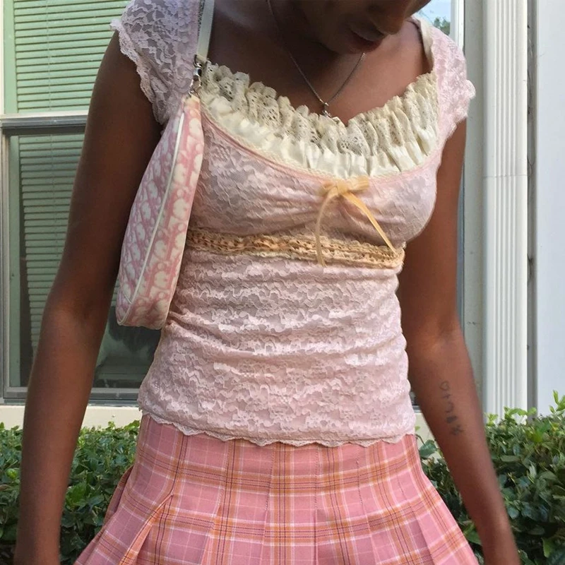 

Женские кружевные укороченные топы в стиле Харадзюку, волшебные повседневные приталенные футболки с коротким рукавом, в стиле ретро, кавай...