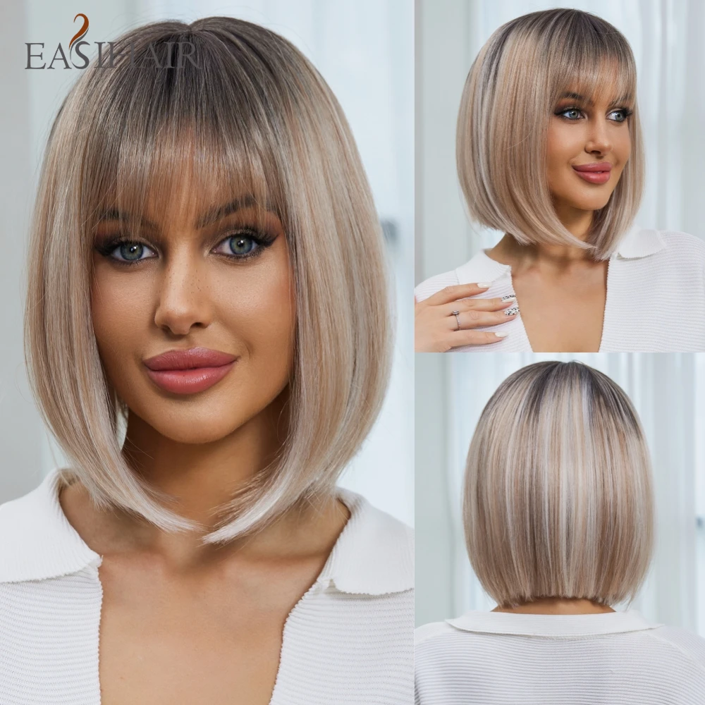 

Короткие прямые синтетические парики, коричневые светлые парики с челкой для женщин, термостойкие