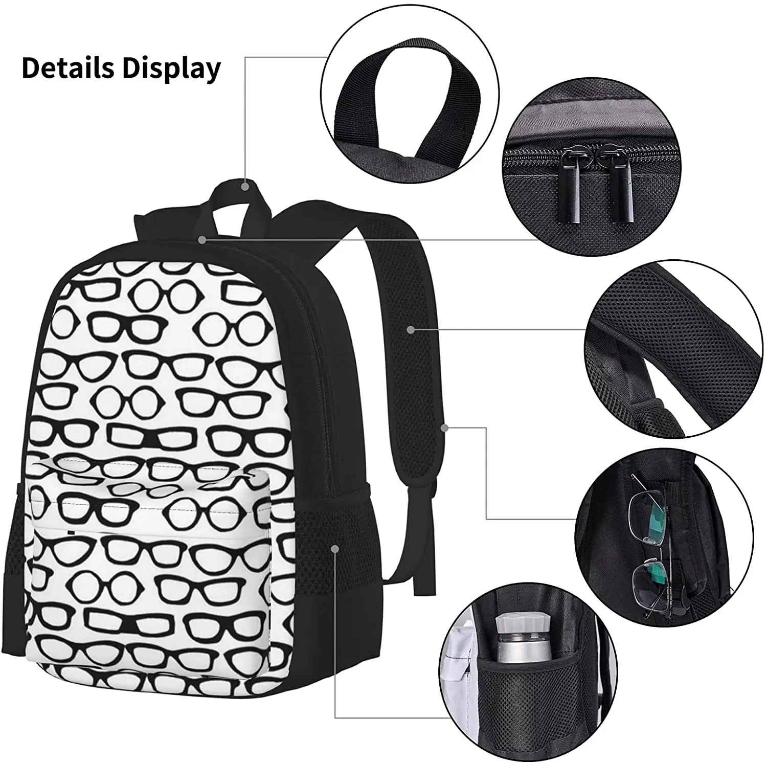Glasses White Black Backpack Set 3-Piece Teen Boys Girls Backpack Messenger Lunch Bag Pencil Case Set