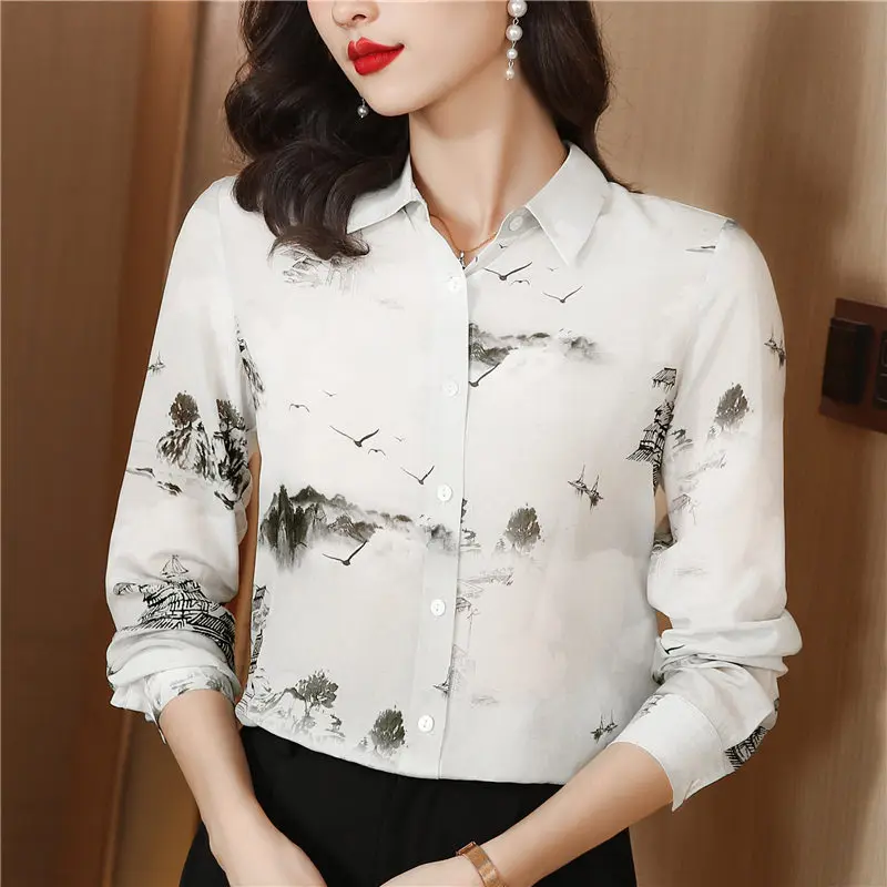 

Silk Women's Shirts Satin Printed Vintage Blouses Loose Long Sleeves Polo-Neck FASHION Ladies Clothing New Summer 2023 Tops