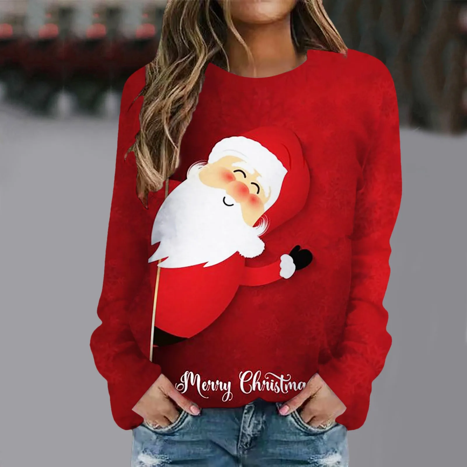 

Женский Хлопковый пуловер с круглым вырезом, с длинным рукавом