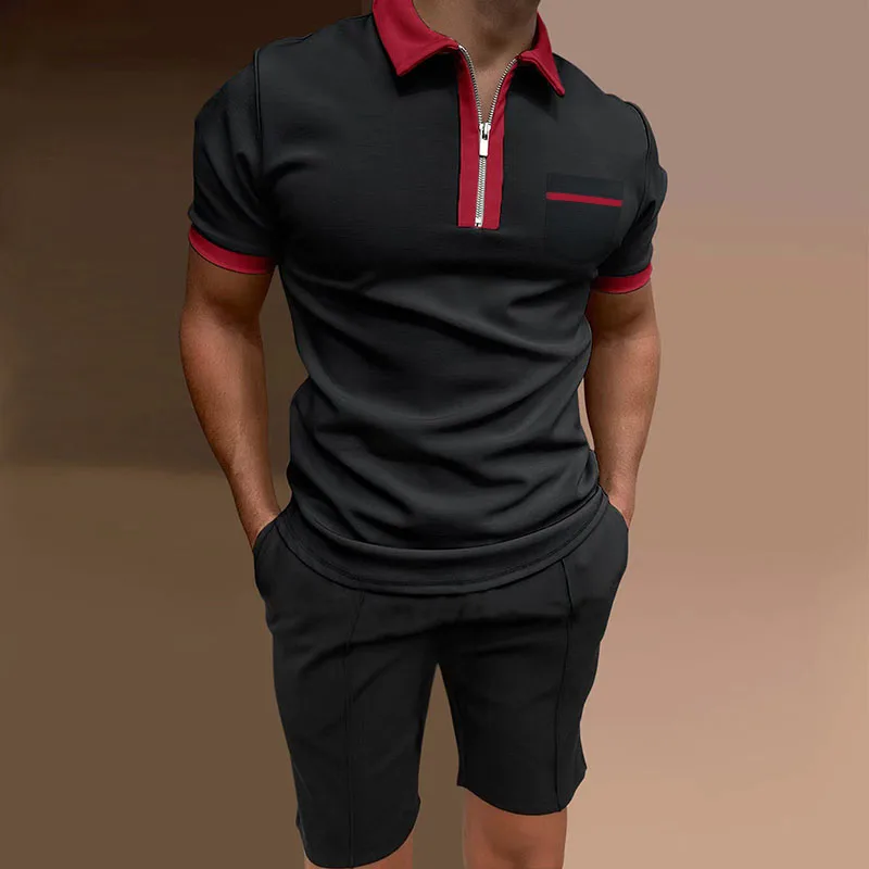 Men's Summer New Business Casual Suit Sports Suit Solid Color Zipper Short Sleeve Polo Shirt Top + Slim Shorts 2-Piece Set