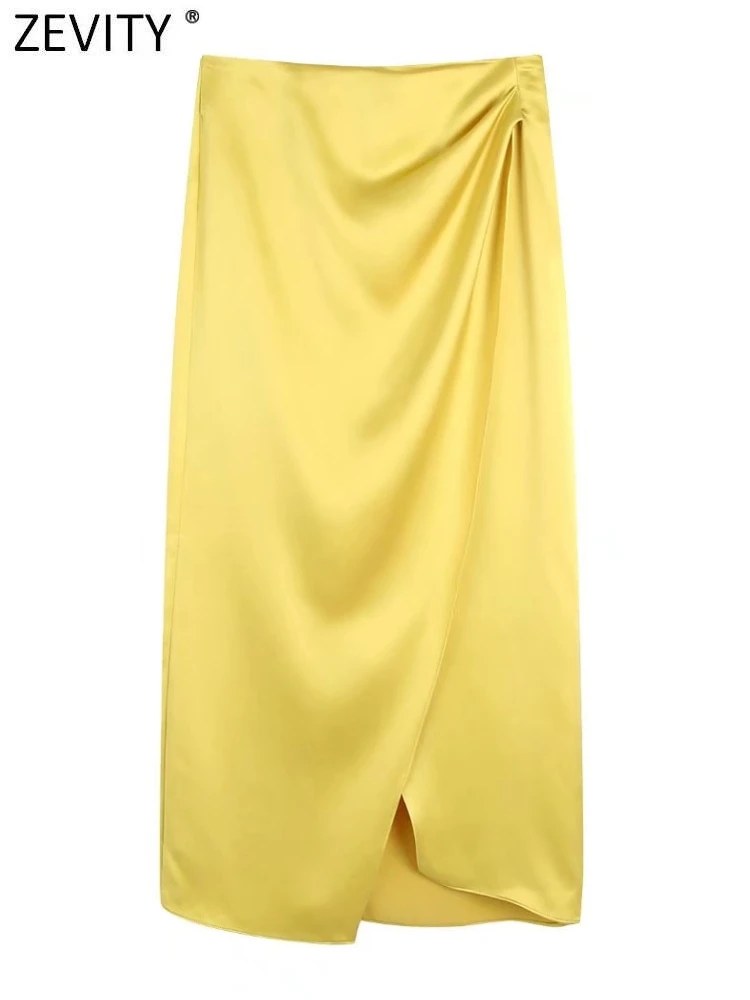 

Zevity Women Elegant Pleats Design Irregular Yellow Sarong A Line Midi Skirt Faldas Mujer Female Side Zipper Vestidos QUN214