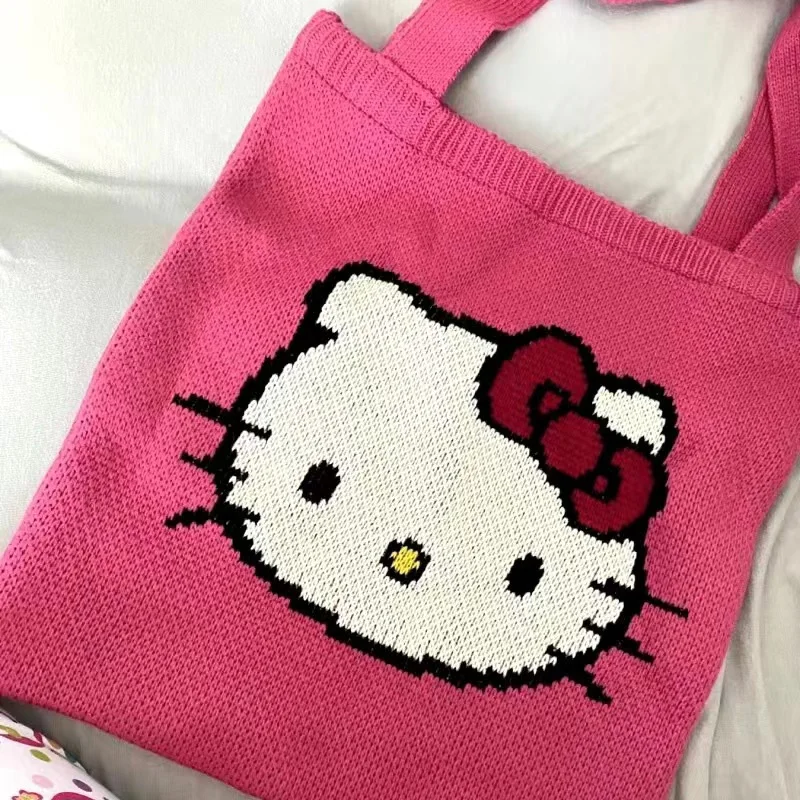 

2023 Cartoon Sanrio Hello Kitty Hand Large Capacity Handbag Cute Wool Knitted Bag Tote Bag Friend's Birthday Gift
