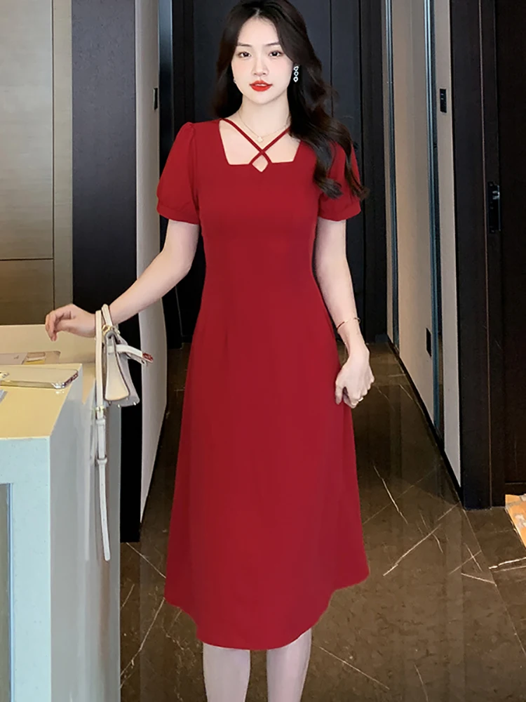 Красное шикарное Бандажное Привлекательное Женское платье миди с квадратным