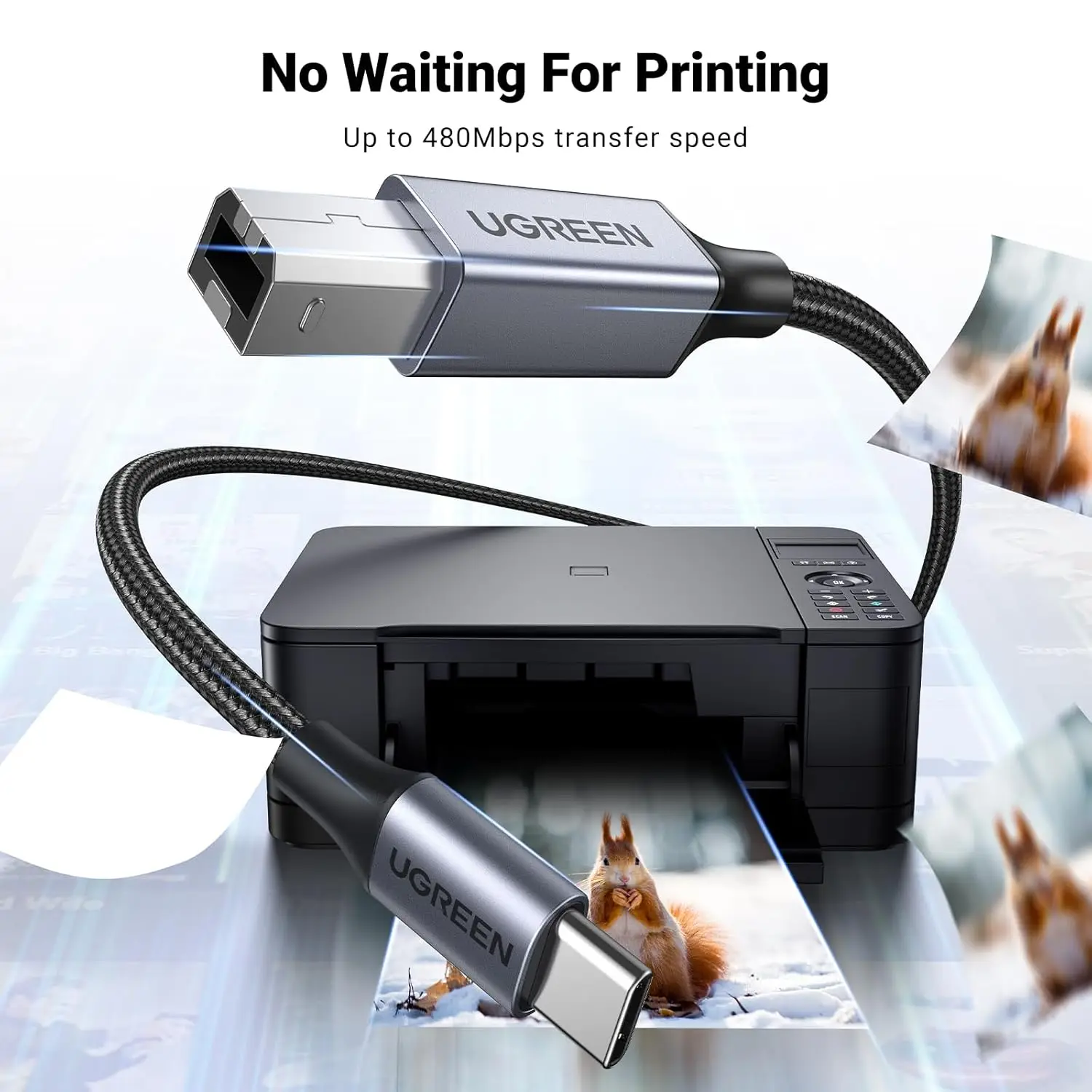 Фото Кабель UGREEN нейлоновый USB B - USB C для передачи данных, совместимый с MacBook Pro/Air, MIDI-клавиатурами, DJ-контроллерами, DAC №1