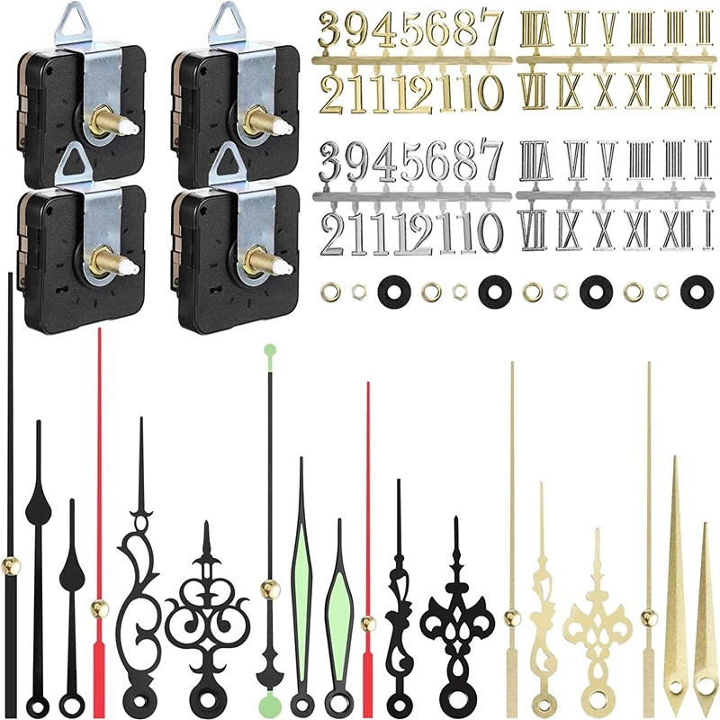 

Uclio 4Pcs DIY Quartz Clock Movement Mechanism Clock Numerals Kit With 6 Different Pairs Of Hands DIY Clock Replacement Repair