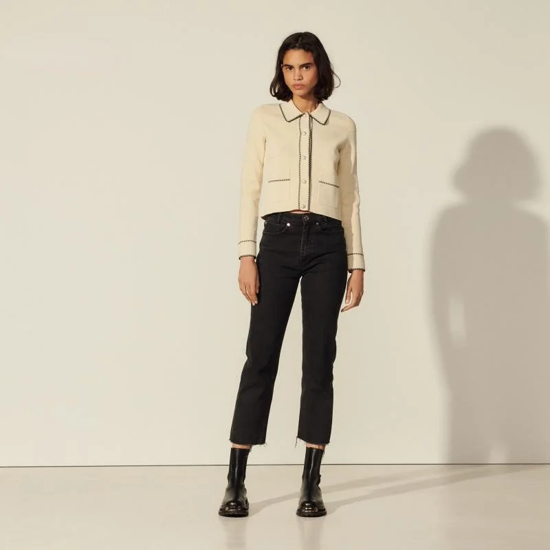 

New Tweed Clashing Knit Trim Single-breasted Long Sleeve Straight Short Jacket Early Spring 2022 Women Coat Free Shipping
