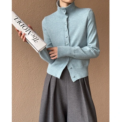 2024, женский мягкий вязаный свитер с воротником-стойкой, длинным рукавом, кардиганы на одной пуговице, одежда, топы для женщин, свитер Pull Femme