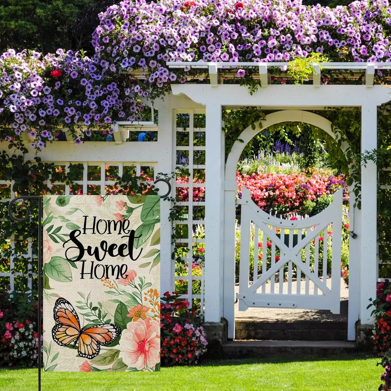 Фото Декоративный двусторонний вертикальный садовый флаг Texupday Home Sweet Home с акварельными цветами и бабочками, весна-лето, рустик WZZ №5