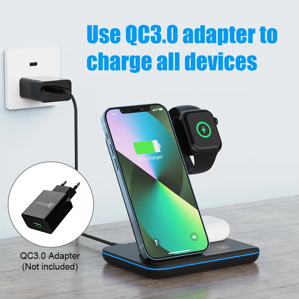 15W Qi Fast Wireless Charger Stand For iPhone 14 Pro 13 12 11 XS XR X 8 Apple Watch 8 7 SE 6 5 Airpods Pro 3 in 1 Charging Dock