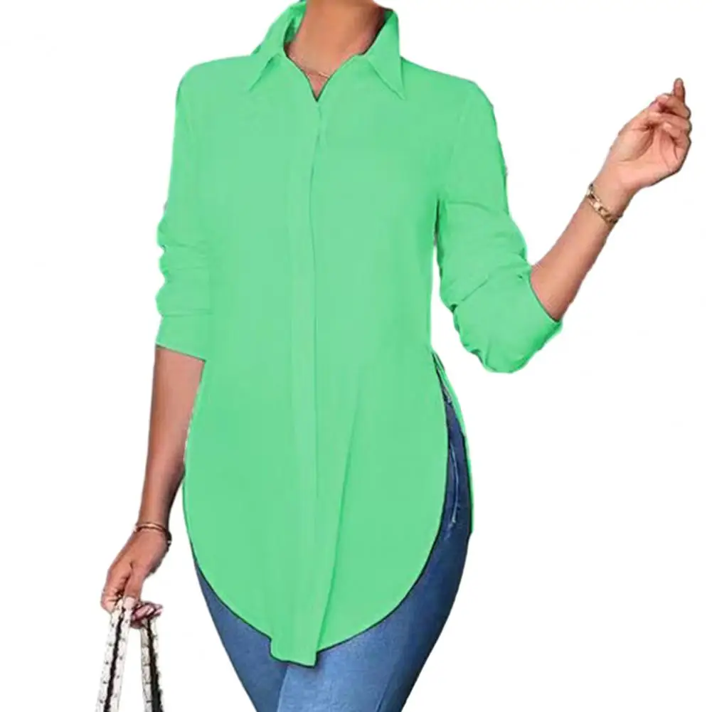 Top Women Shirt Lapel Long Sleeve Shirt Tops Side Split Asymmetrical Hem Solid Color Single Breasted Casual Tunic Shirt Workwear