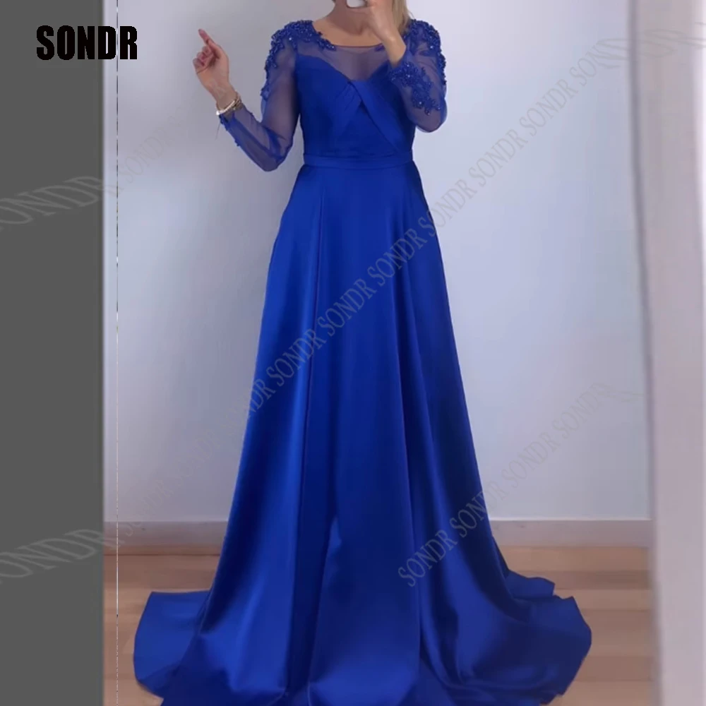 

SONDR Blue Lace New Arrive A-Line Evening Dresses Satin Pleats Prom Dress Long Sleeves Saudi Arabia Party Gowns Custom Size