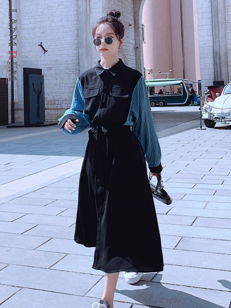 

LANMREM 2022 Spring Dress for Women O-neckpatchwork Color Block Striped Long Sleeve Single Breasted Dresses Female Fashion 2J834