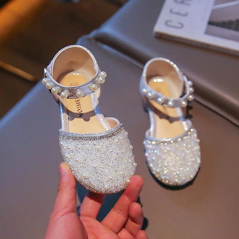 

Сандалии принцессы для девочек, милые мягкие удобные, с жемчугом, со стразами, плоская подошва, Детские босоножки, H623, лето