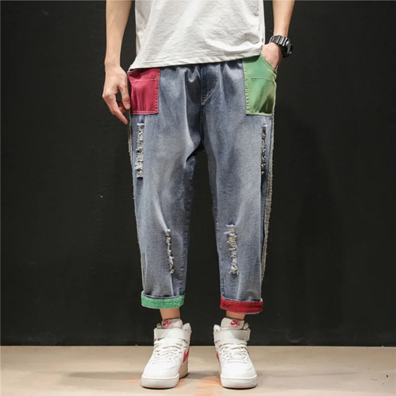 Mens fashion contrast color nine points thin plus size jeans spring and summer loose harem pants Korean version baggy jeans