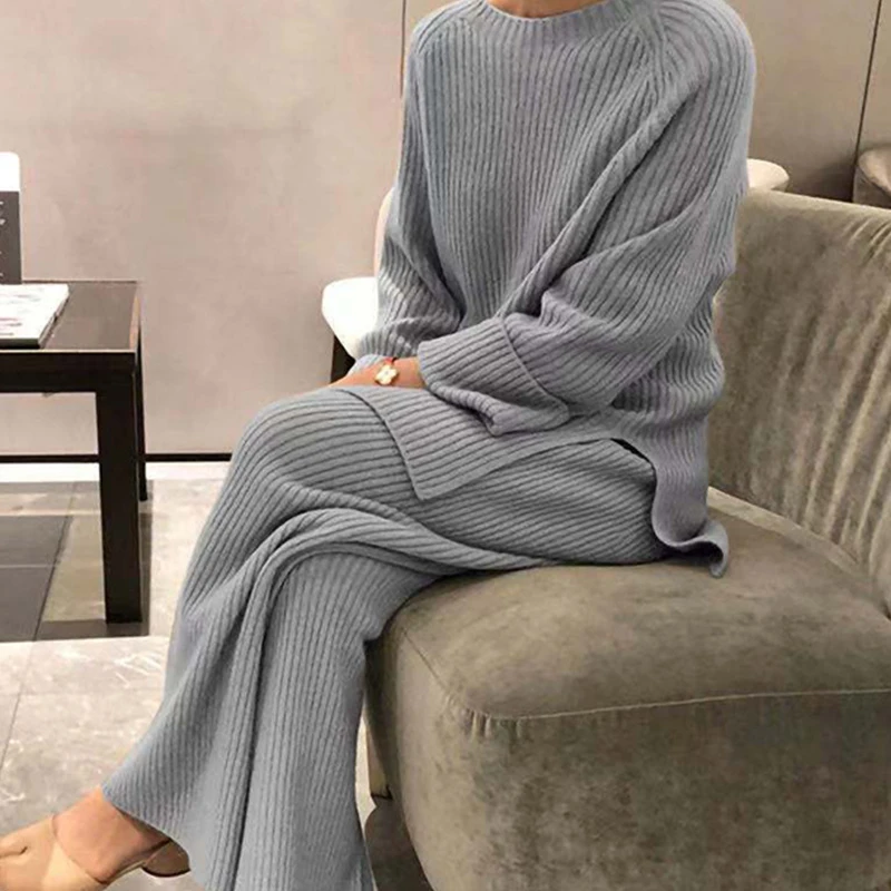 Women Homewear Pajamas Sets Long Sleeve Sweater+Pants Knitted Pullover Top Straight Pants Casual Autumn Warm Loungewear Loose