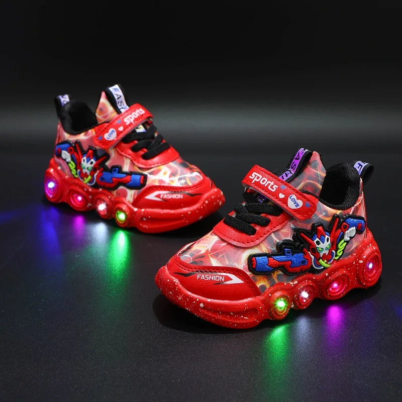 

Кроссовки со светодиодной подсветкой для мальчиков, сникерсы с супер мультяшным принтом, светящиеся на подошве, обувь для малышей, размеры ...