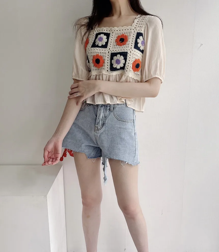 Симпатичные шифоновые блузки с цветочной вышивкой и кружевом в стиле пэчворк