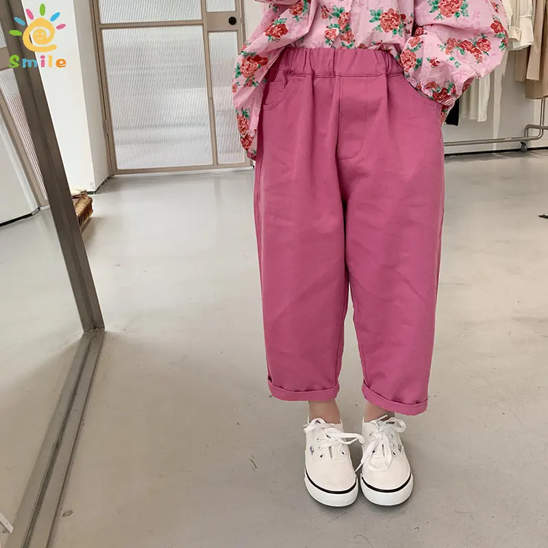 

Spring Baby girls pink cotton Straight casual trousers 1-7 years kids soft all-mtach thin pants Child fashion Wide-Leg Trousers