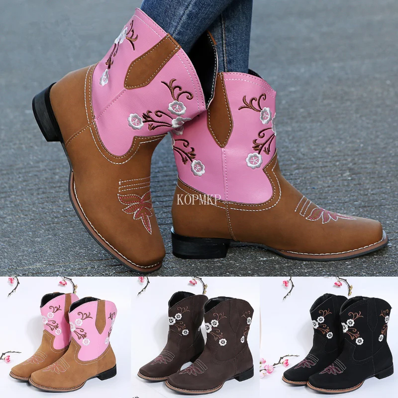 

Женские ковбойские ботинки на платформе с вышивкой, милые ковбойские ботинки до середины икры на массивном каблуке в стиле ретро, с цветочн...