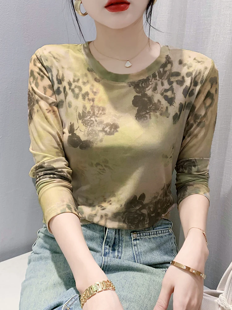 

Winsleter Versatile Elegant Tshirt Women Sexy Round Collar Tiedie Printed Slim Mesh Tops Long Sleeve Tee Autumn Spring T37935JC