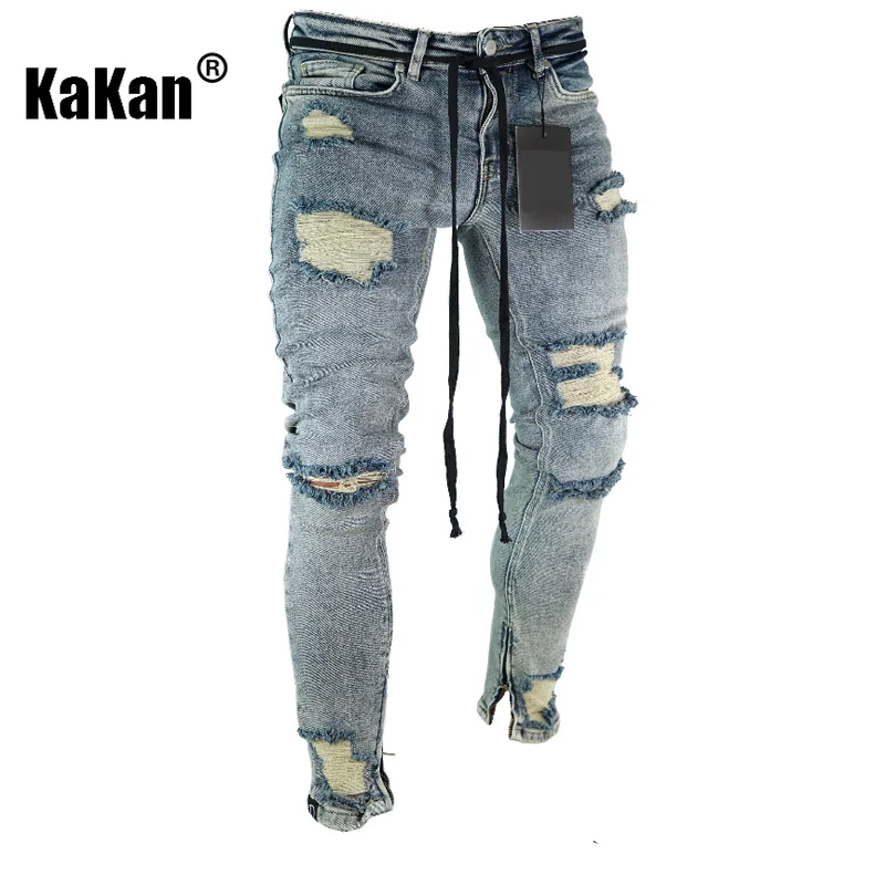 Kakan - New European and American Distressed Small Leg Jeans for Men, High Street Slim Fit Elastic Motorcycle Long JeansK49-8555