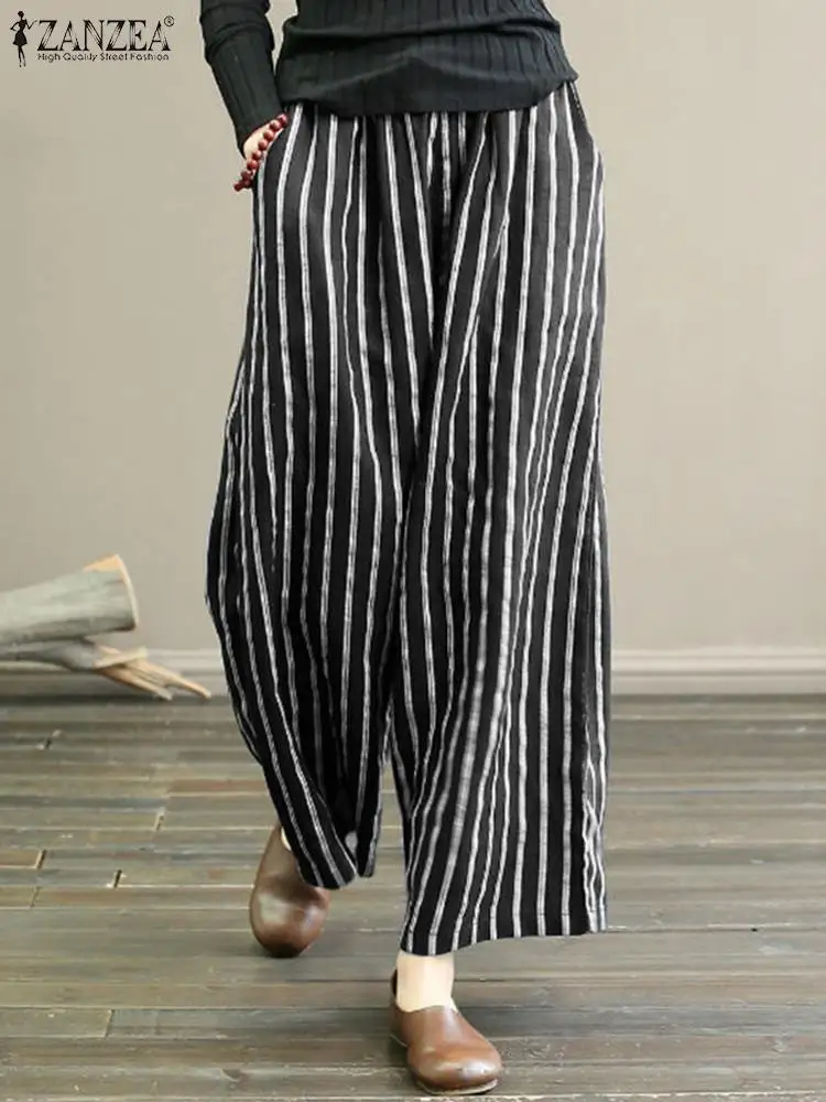 

ZANZEA Wide Leg Stripe Pants Women Fashion Causal Loose High Waist Pant Female Trousers Sweatpants Oversize Spring Woman Bottoms