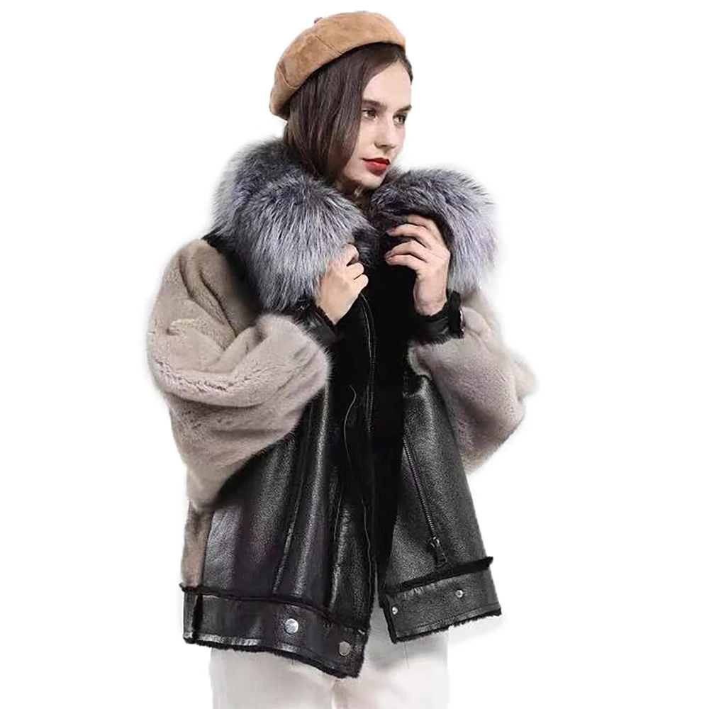 

2022 New Natural Mink Fur Coats Fashion Genuine Leather Jackets Female For Women With Real Fox fur Warm Winter Short